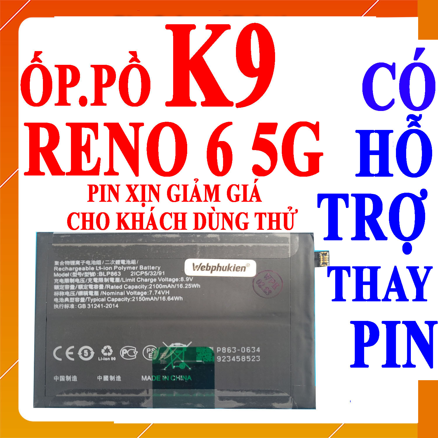 Pin Scud cho Oppo Reno 6 5G/K9 BLP863 dung lượng 4250mAh (Đen)