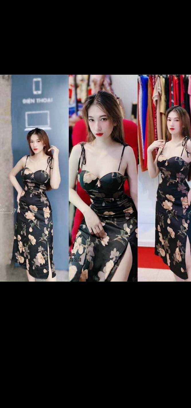Đầm body hai dây buộc nơ họa tiết hoa.fashionlyly