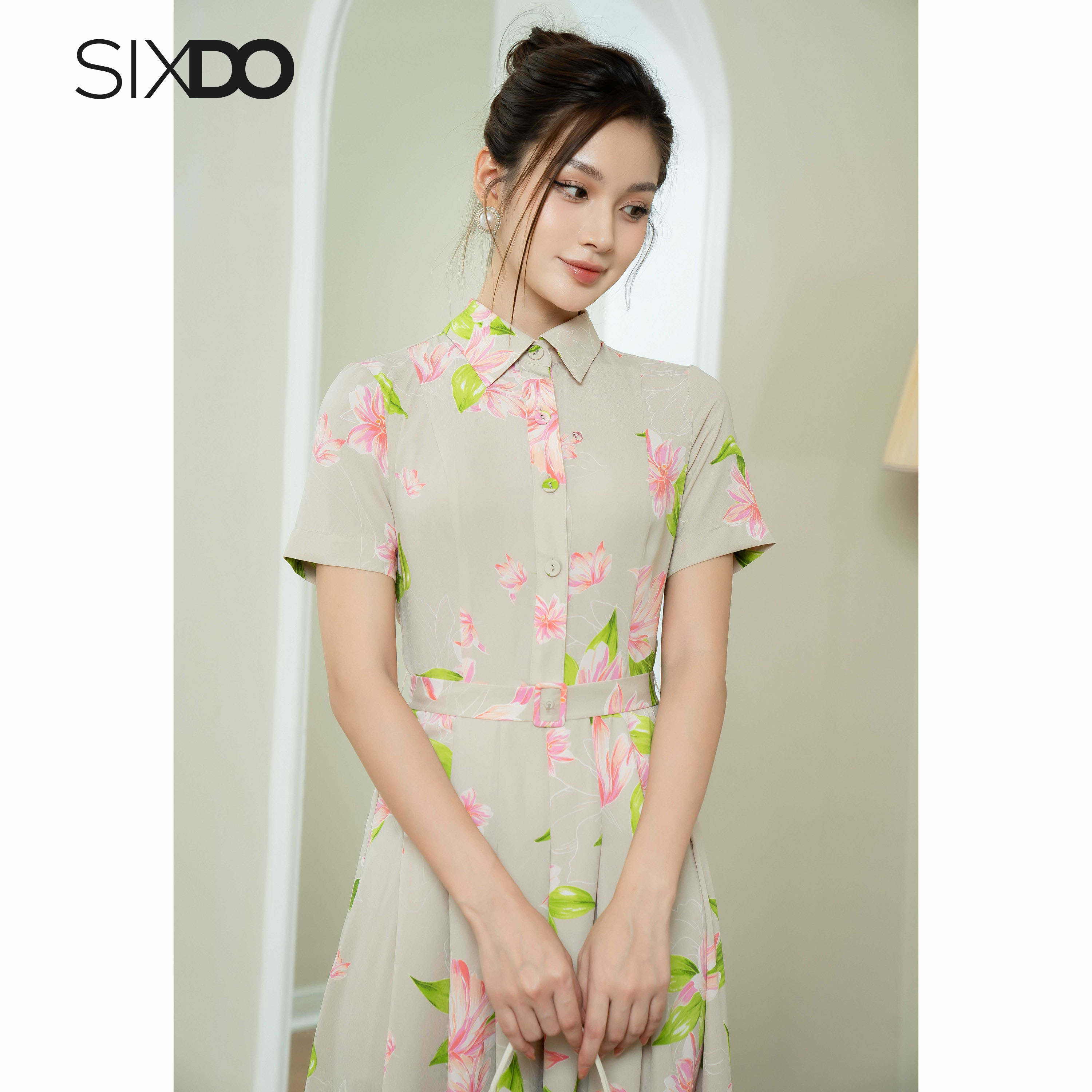 Đầm lụa hoa lily cổ sơ mi SIXDO (Dark Beige Lily Midi Silk Dress)