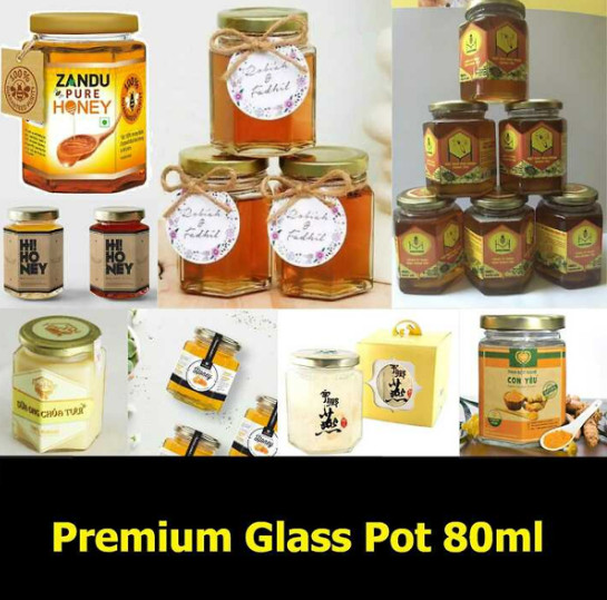 Combo 10 hũ thuỷ tinh nhỏ 80ml mẫu lục giác nắp thiếc vàng vặn – hủ thủy tinh đựng mật ong, yến chưng, dầu dừa, thức uốn