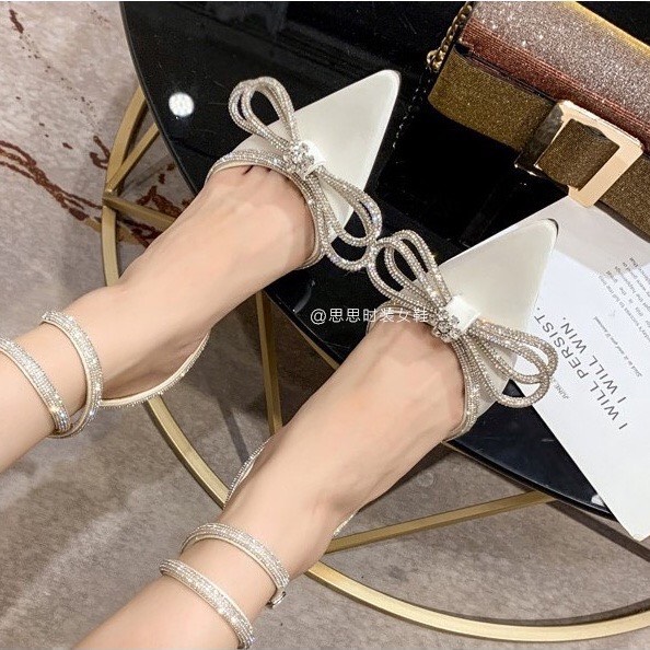 Giày Sandal LHMTC52 Mũi Nhọn Gót Nhọn Cao 5P Đính Nơ Đá Xinh Xắn Dành Cho Nữ