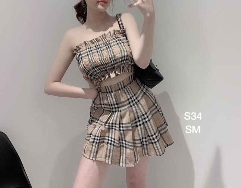 Sét Bộ Chân Váy Áo Croptop Caro