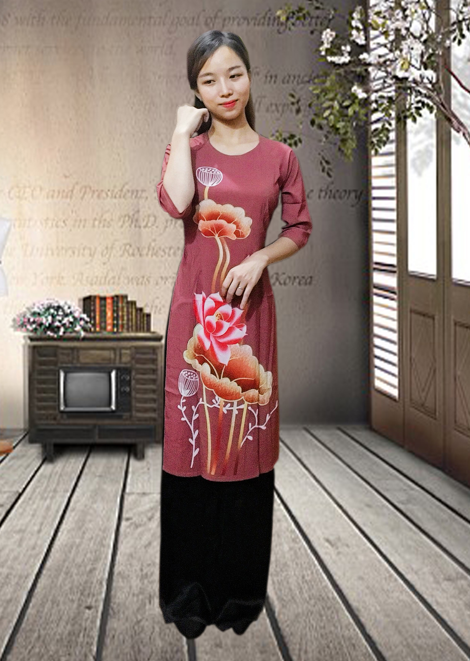 Áo dài cách tân hoa sen in 3D, áo dài may sẵn, áo dài tay nữ