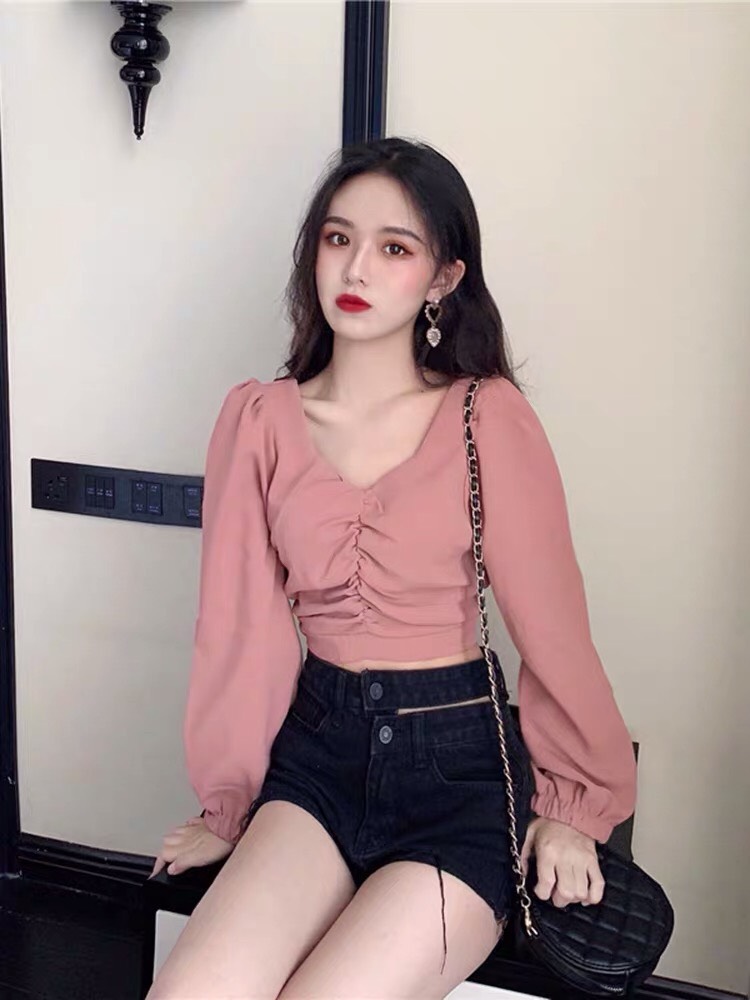 Áo Voan Cổ V Tay Dài Form Croptop Tạo Kiểu Nhún Giữa Ngực Quyến Rũ TTSL0218A