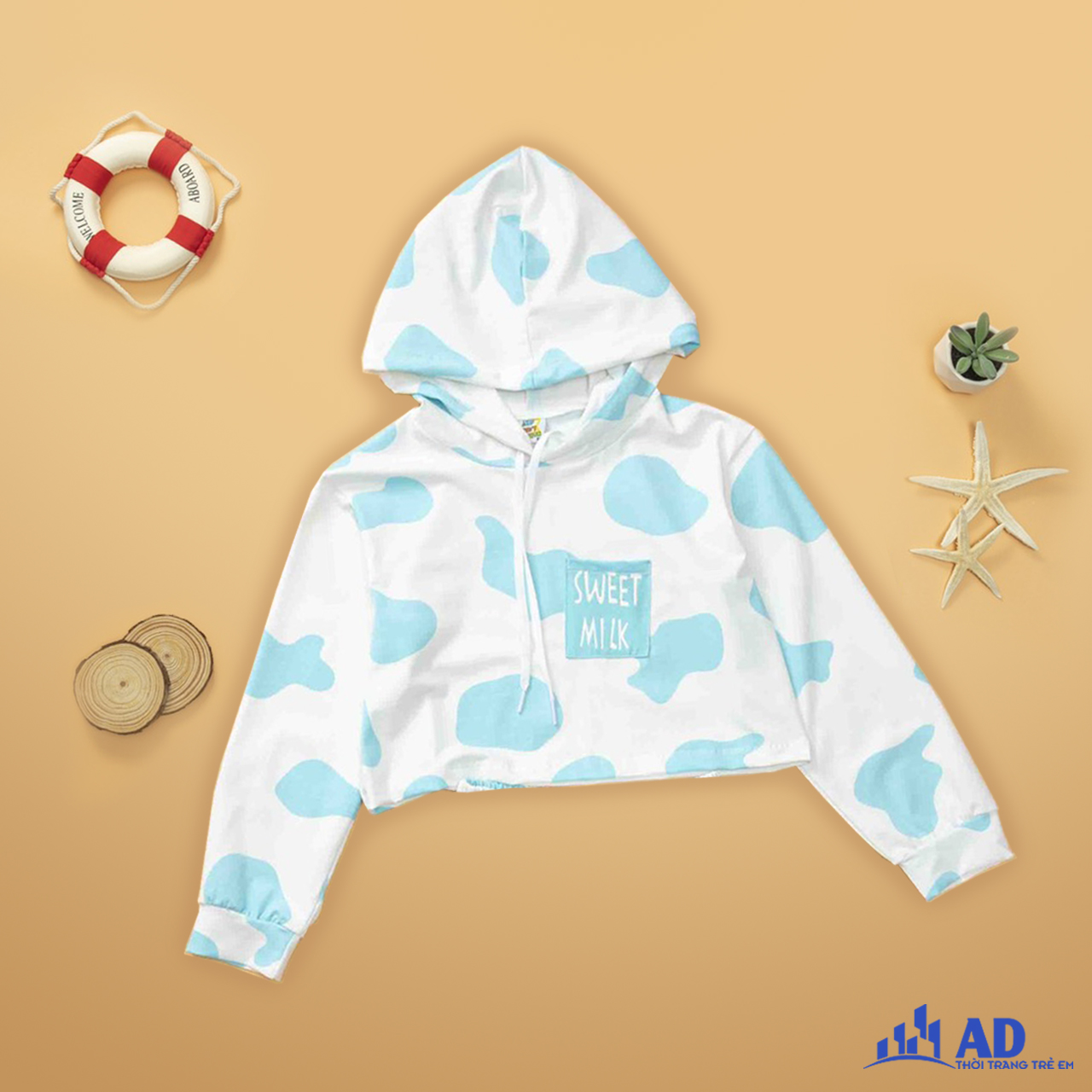 Áo Hoodie bò sữa thun 100% cotton dài tay có nón che nắng  cho bé gái