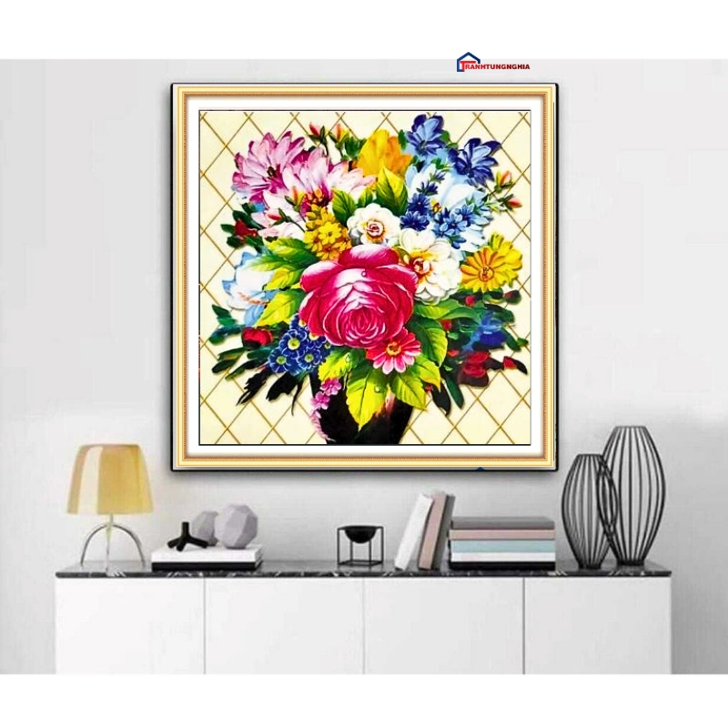 Tranh đính đá bình hoa khoe sắc 60cm x 60cm