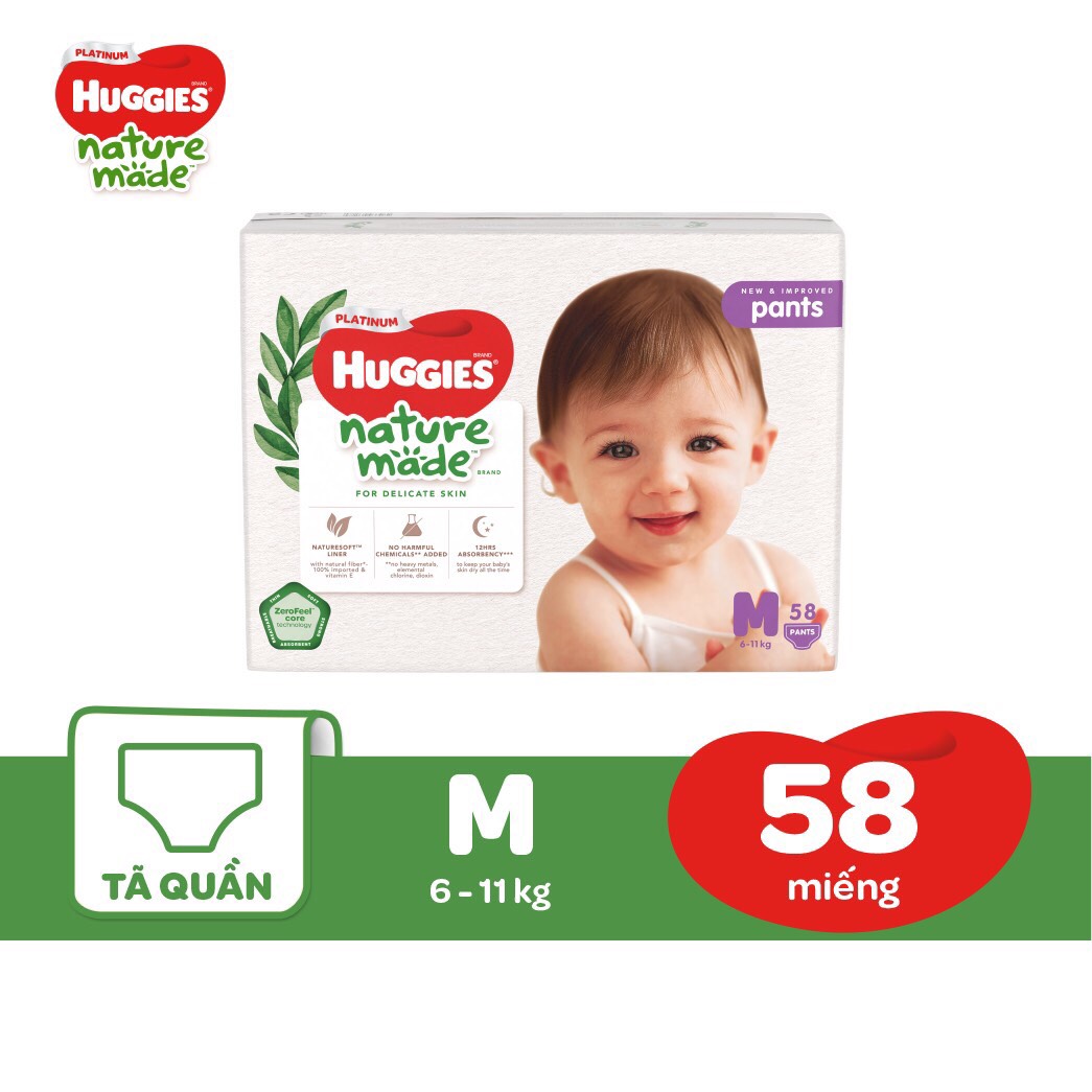 Tã Quần Huggies Platinum Nature Made Size M 58 Miếng (6 – 11 kg)