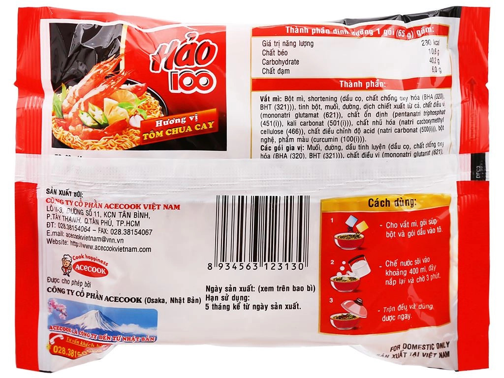 [Thùng 30 gói] Mì Hảo 100 Tôm chua cay 65g
