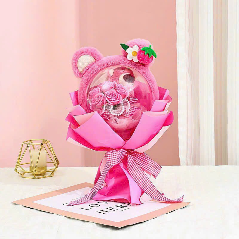 Bó Hoa Thỏ Bông 2in1 đổi được 2 kiểu kèm túi và đèn, Bó Hoa Gấu dâu biến hình mặc váy