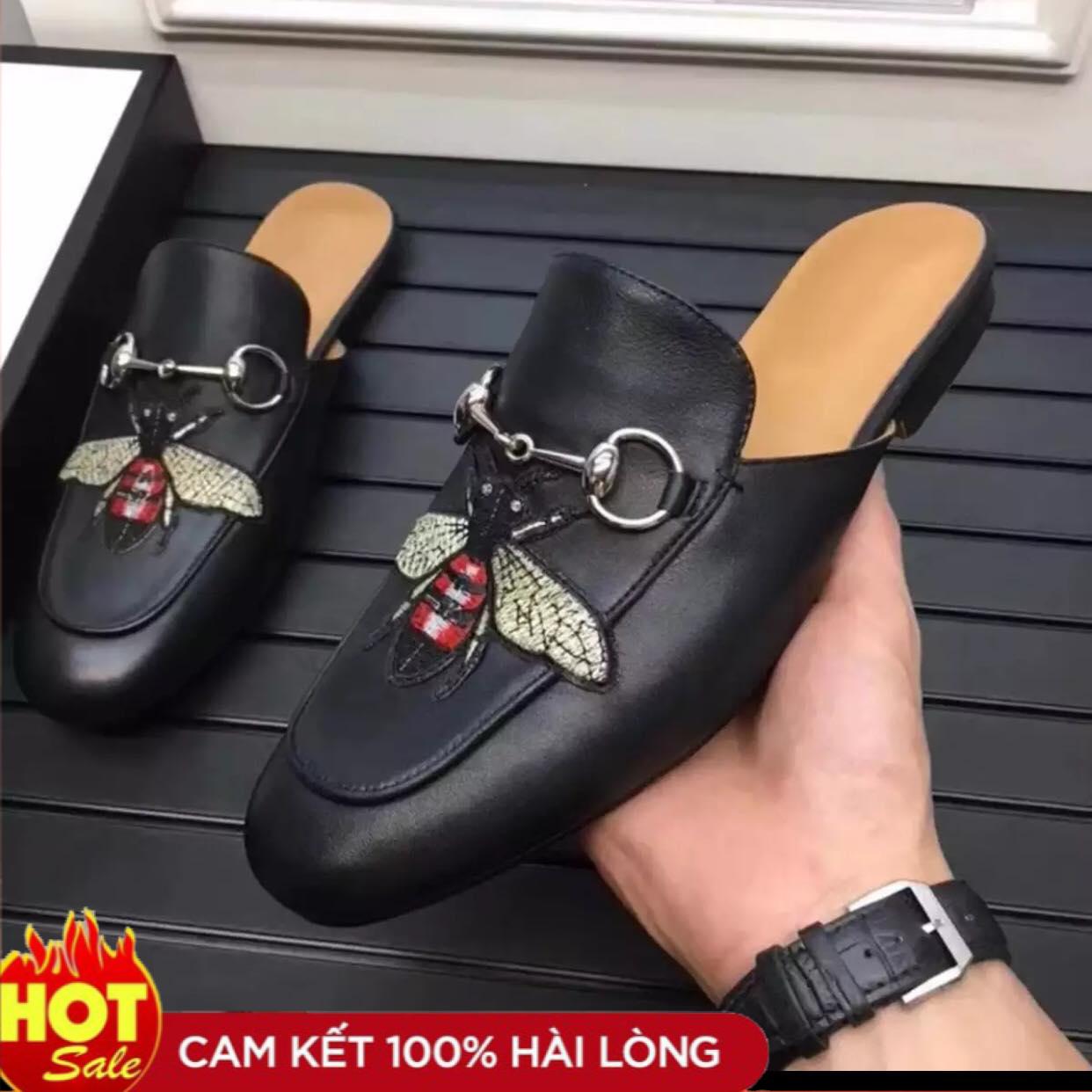 Giầy tây giày lười giày sục namđen trơn thêu logo ong lịch lãm
