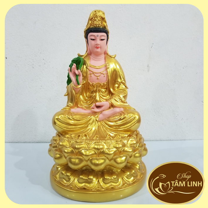Tượng Phật Quan Âm Bồ Tát Ngồi Màu Nhũ Vàng Cao 30 cm