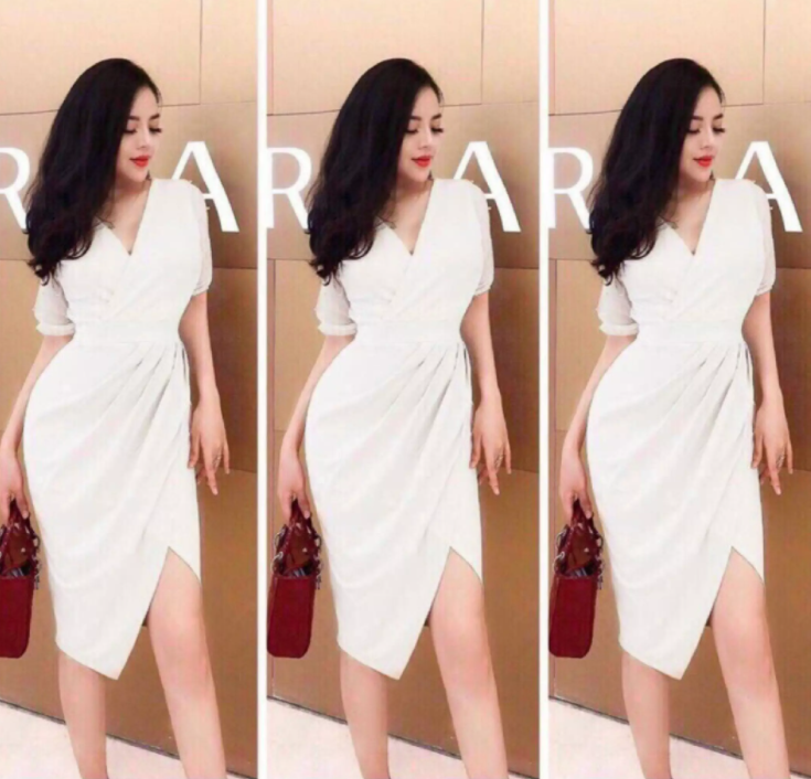 [HCM]Đầm body dự tiệc cổ V phối tay lưới xoắn eo