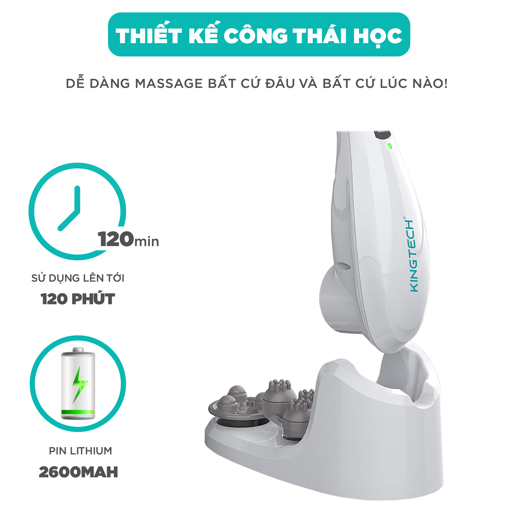 Máy Massage Cầm Tay Đa Năng KINGTECH LUX-450, Máy Mát Xa Toàn Thân Pin Sạc, Thư Giãn Cho Lưng, Cổ, Vai, Gáy, Cánh Tay, Chân - Quà Tặng Nam Nữ, Sếp, Khách Hàng, Doanh Nghiệp - Chính Hãng