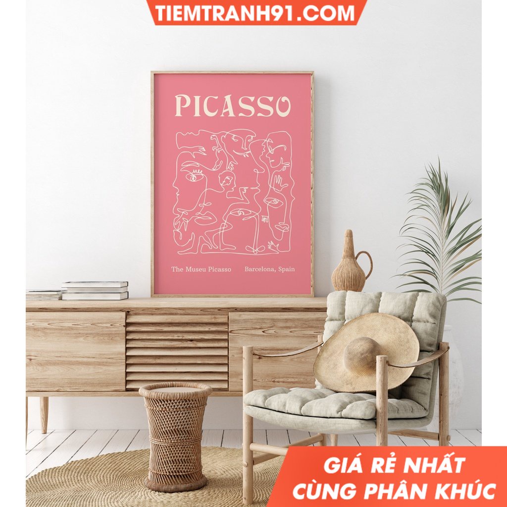 Tranh treo tường Picasso Line Drawing, Abstract Pink Picasso Wall Art ,Museum Exhibition, Picasso Poster