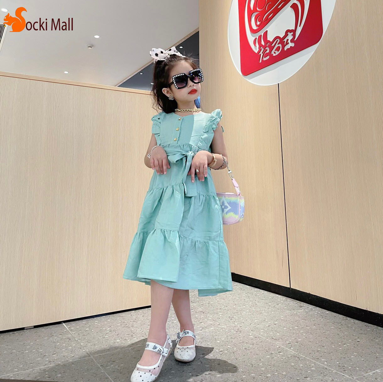 Đầm bé gái, kiểu dáng đầm maxi may xếp ly cho bé gái - Quần áo trẻ em - SockiMall (210569) (Màu xanh ngọc)