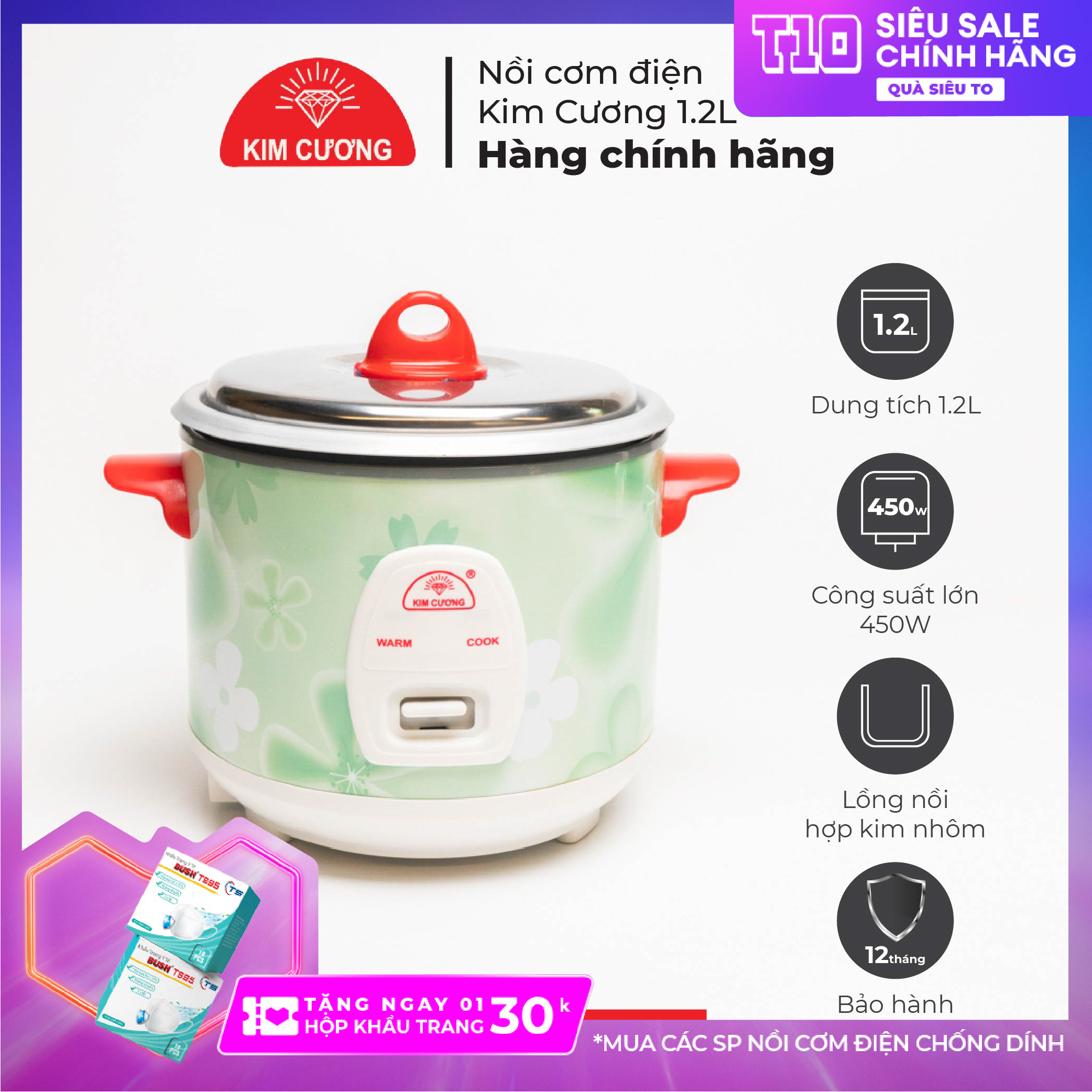 Nồi Cơm Điện Kim Cương 1.2 Lít - Nắp Rời [Bảo Hành Chính Hãng 12 Tháng]