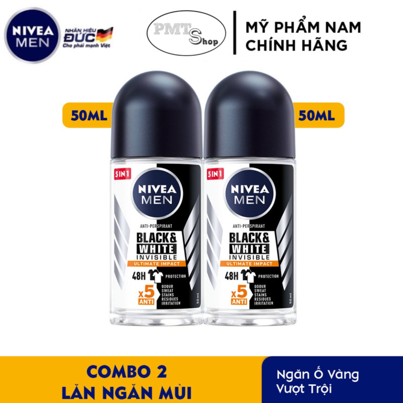 Combo 2 Lăn Ngăn Mùi NIVEA MEN Black & White 5in1 50ml Ngăn Vệt Ố Vàng Vượt Trội Original | Fresh | Ultimate Impact nhập khẩu