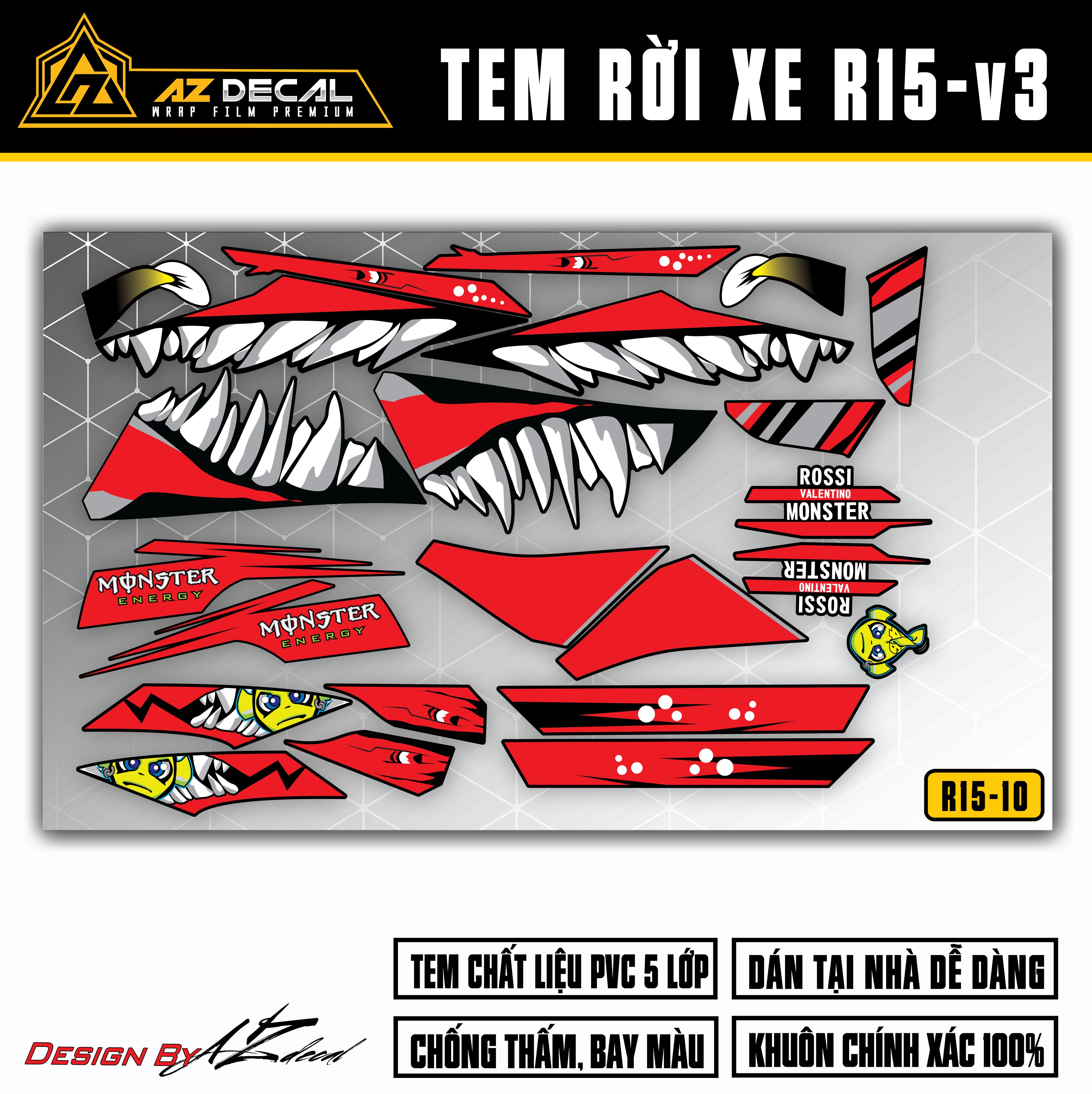 Tem xe r15v3 đẹp mẫu cá mập rossi | r15v310 | decal rời dán xe r15v3 màu đen, đỏ, vàng, xám, xanh - azdecal