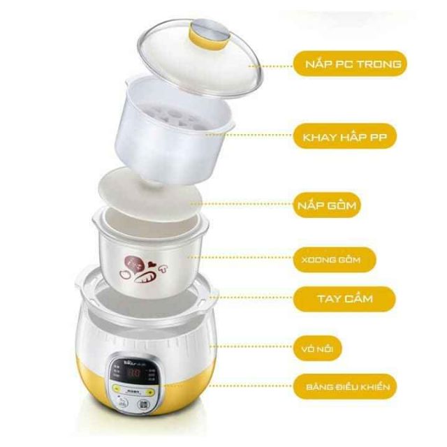 Nồi nấu cháo mini ninh hầm cách thủy Bear 0,8L ( có lồng hấp)