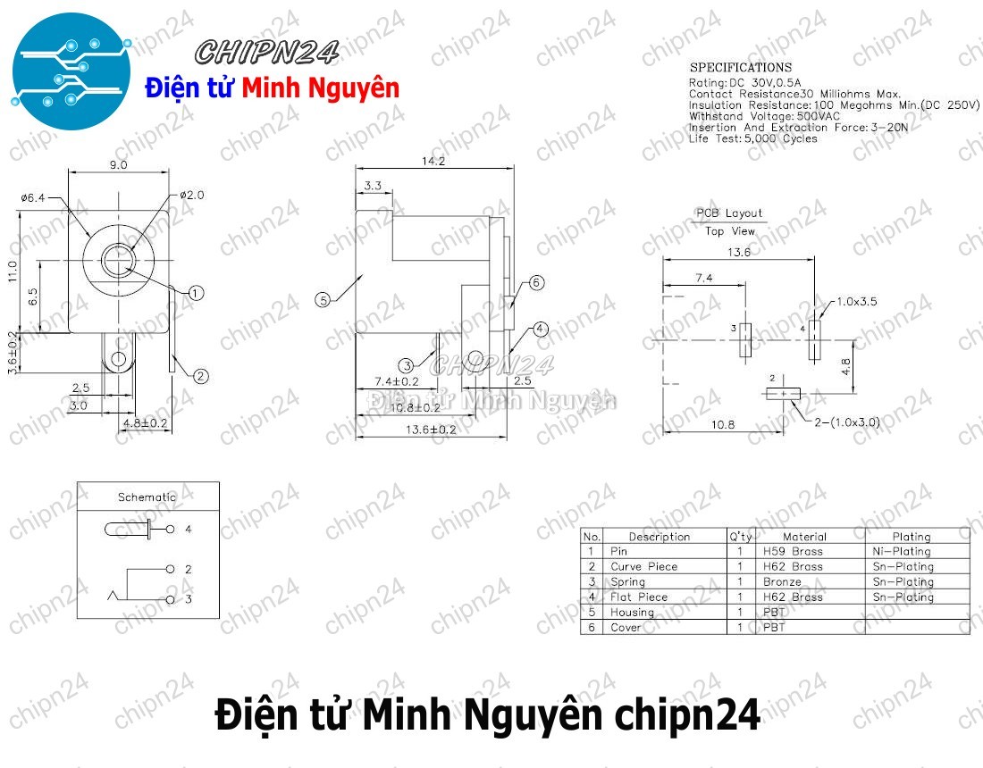 [5 cái] (F88.1) Jack DC hàn bo 5.5x2.1mm - HH000182