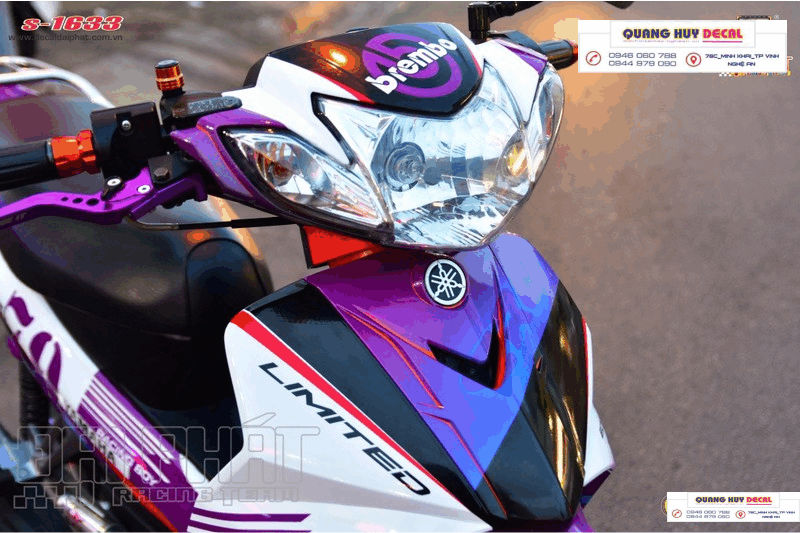 Tem trùm xe sirius tím trắng proti chế đẹp - Tem xe máy sirius tím trắng thiết kế theo yêu cầu - tem trùm xe sirius tím trắng chế đẹp và rẻ chất