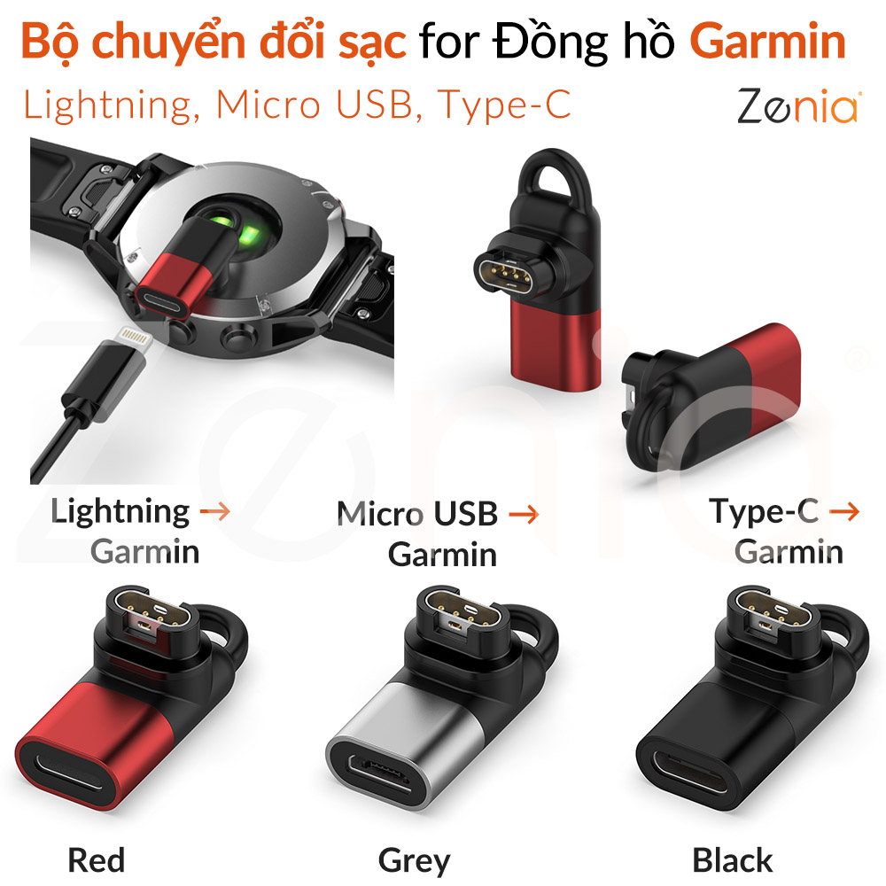 Zenia Bộ chuyển đổi sạc Lightning IOS/Micro USB/Type C sang 4pin Đầu nối bộ sạc chuyển đổi sạc cho Garmin Fenix 8 E 7 7X 6X 6 Sapphire Solar 5X 5 Plus Quatix Enduro 3 Forerunner 970 965 570 Approach S70 S60 S62 Epix Gen 2 Instinct 2X Tactix D2 Delta PX