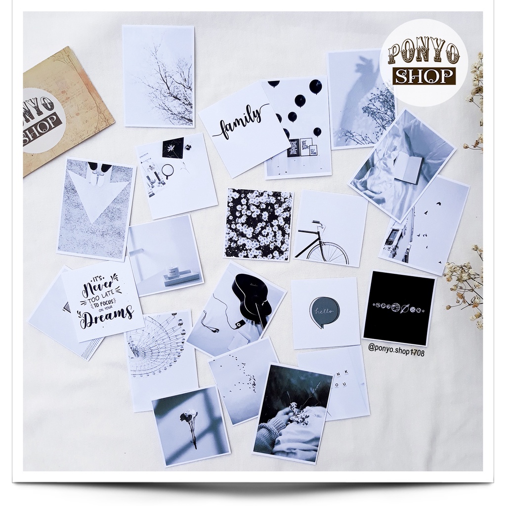 Set 21 sticker nhãn dán ảnh phong cách Instagram (Màu Trắng Đen) trang trí Scrapbook/Planner
