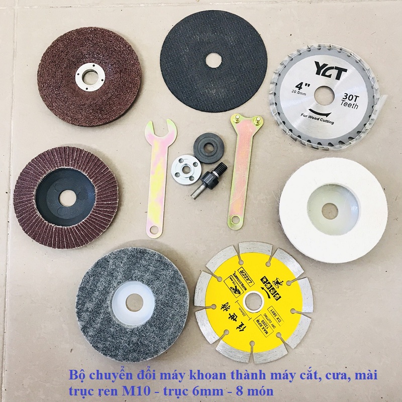 Bộ phụ kiện chuyển đổi máy khoan thành máy cưa, cắt, mài,đánh bóng...trục nối 6mm,10mm bộ 6 món,8 món