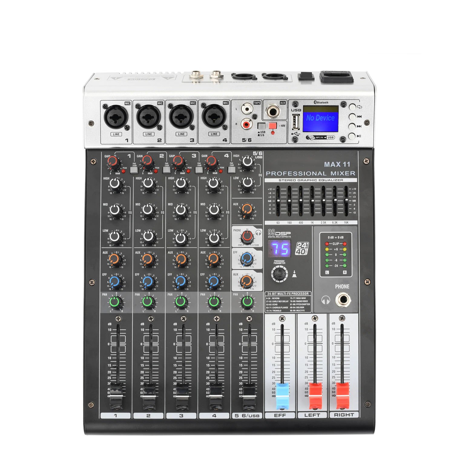 Bàn trộn âm thanh - mixer max 11-6 kênh kết nối bluetooth usb-99 hiệu ứng vang-tích hợp nguồn 48v cho micro-mixer số âm thanh chuyên nghiệp cho sân khấu hội trường phòng thu hát karaoke gia đình