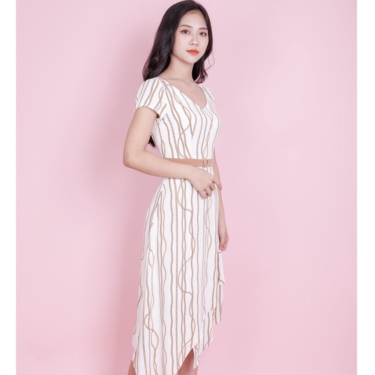 Đầm xòe, cổ tim, đai eo liền, chân váy xếp tà emspo ds3639