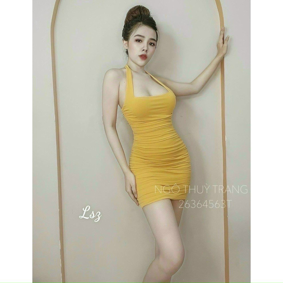 đầm body cổ vuông phối dây yếm nữ vải thun lụa utrrb