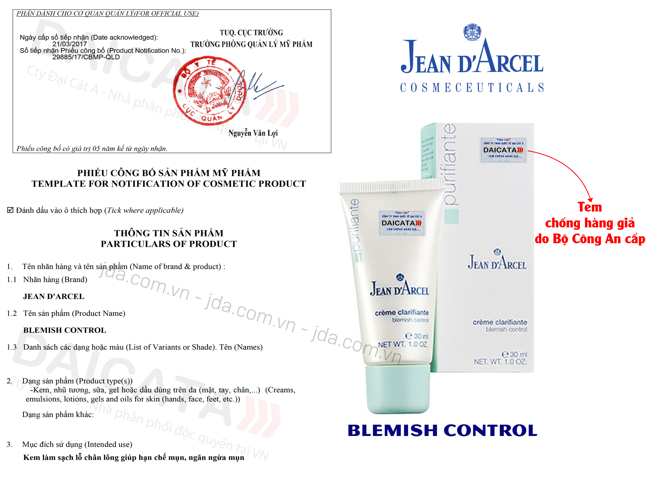 [Jean D'Arcel] Kem chấm gom cồi làm giảm mụn nhanh Blemish Control