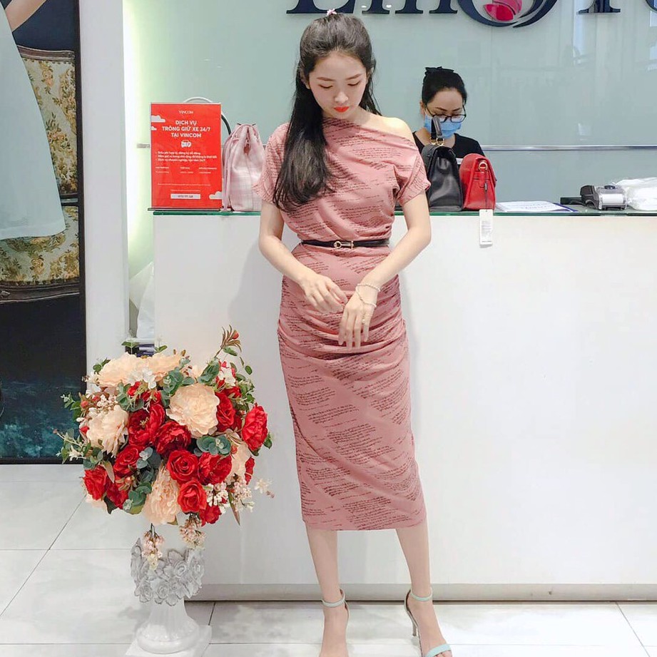Đầm Thun Lệch Vai, Chun Hai Bên Sườn Emspo Ds4063