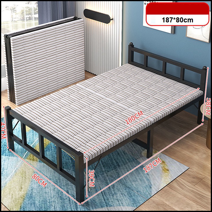 Giường sắt gấp gọn, giường khung thép, sơn tĩnh điện chống gỉ, Giường xếp đa năng, tặng kèm đệm mỏng.