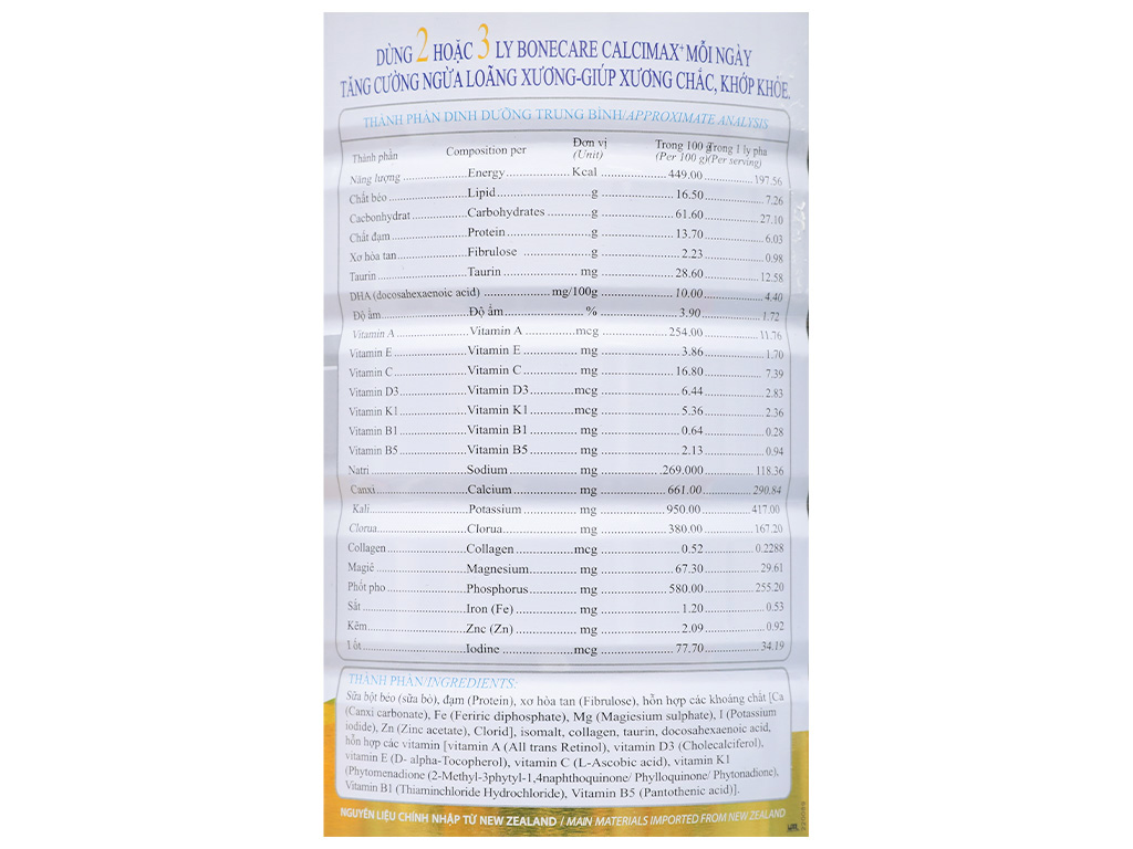 Túi 2 lon Sữa bột Wincofood Bonecare Calcimax+ (850g/lon)