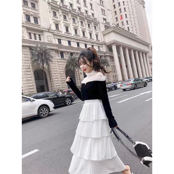 Chân váy VOAN lụa xếp ly 4 tầng phong cách Hàn Quốc