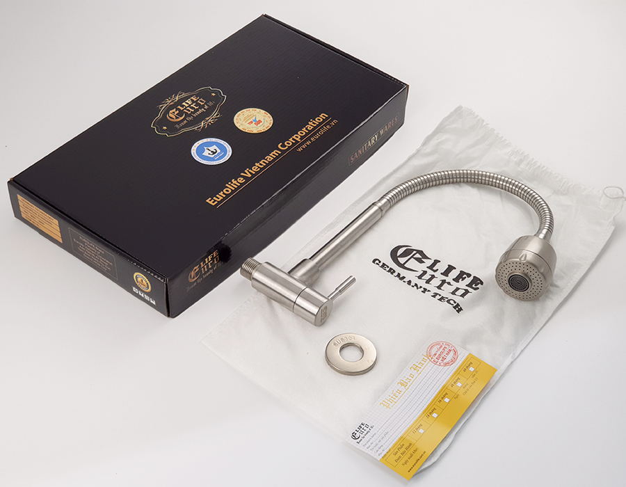 ( Có Video ) Vòi rửa chén lạnh âm tường Inox SUS 304, cần lò xo Eurolife EL-RC10 (Trắng vàng)