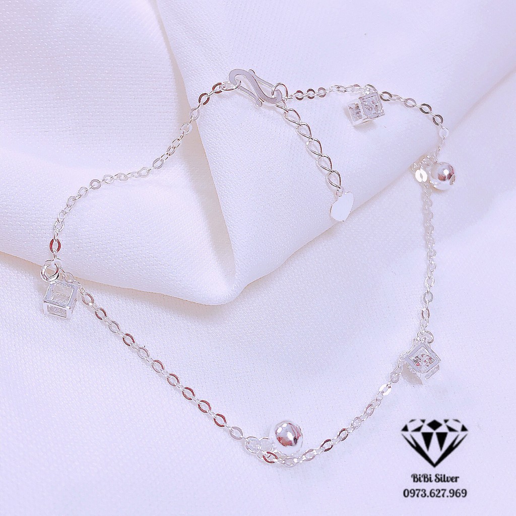 Lắc chân nữ bạc ta gắn đá vuông - lắc chân rubic Bạc Bibi - Shop bạc BiBi cam kết bạc chuẩn, chất lượng, kèm bảo hành