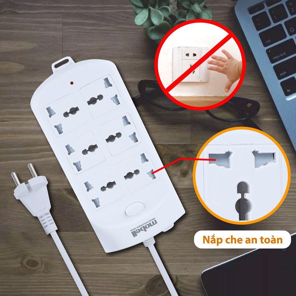 Ổ cắm điện đa năng nhiều lỗ có công tắc nắp che an toàn chất liệu nhựa ABS chống cháy chịu nhiệt tốt công suất 2500W ổ cắm điện