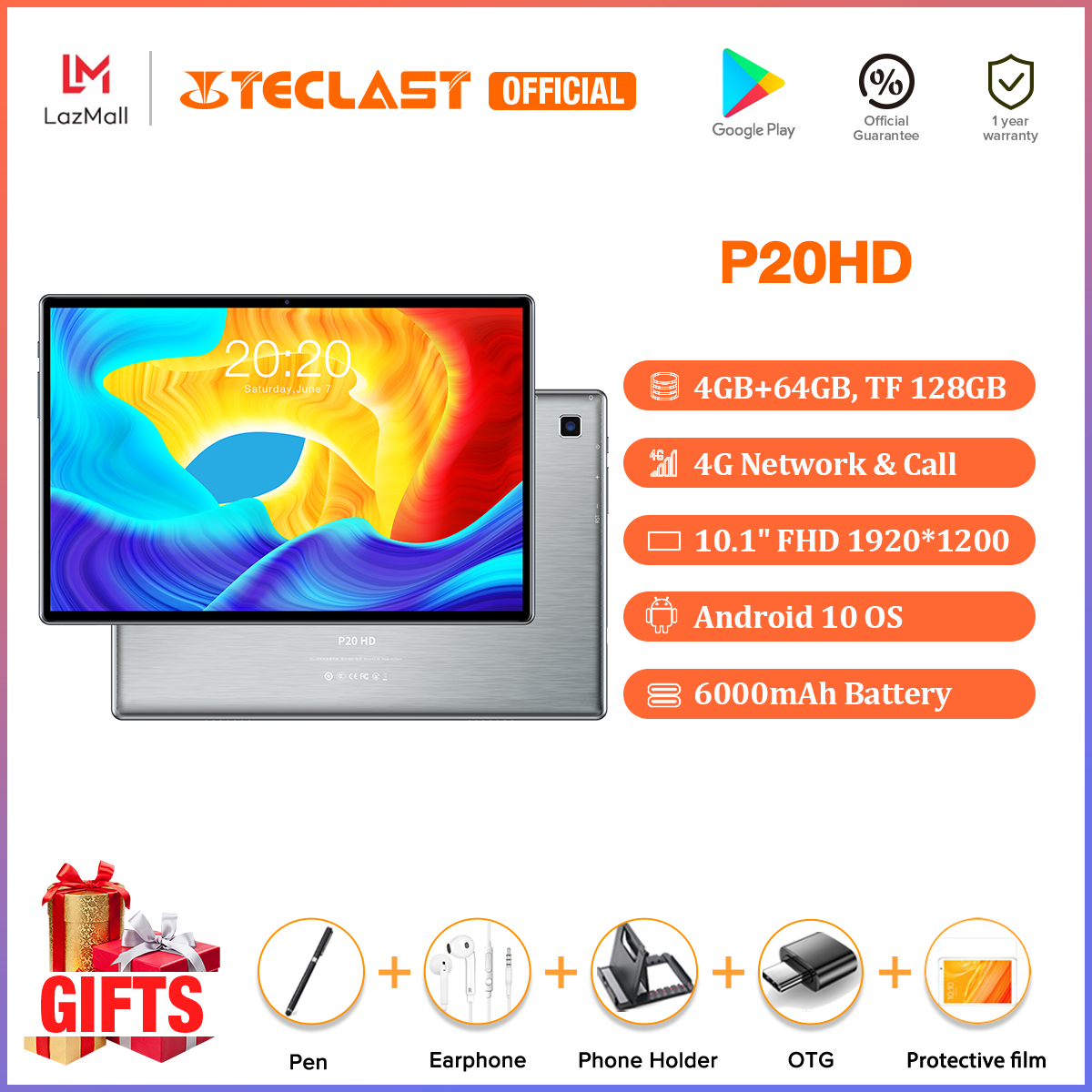 Chính Hãng | Máy Tính Bảng Teclast Official P20HD 10.1 Inch Máy Tính Bảng Android 10.0 OS 4GB RAM 64GB ROM 4G Có Thể Gọi Điện Màn hình 1920×1200 Pin 6000mAh