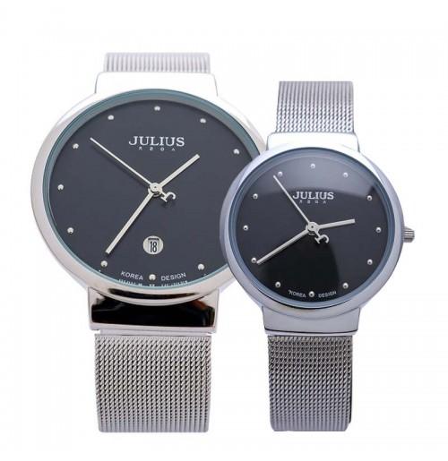 ĐỒNG HỒ CẶP JA-426B JULIUS HÀN QUỐC DÂY THÉP (BẠC MẶT ĐEN)