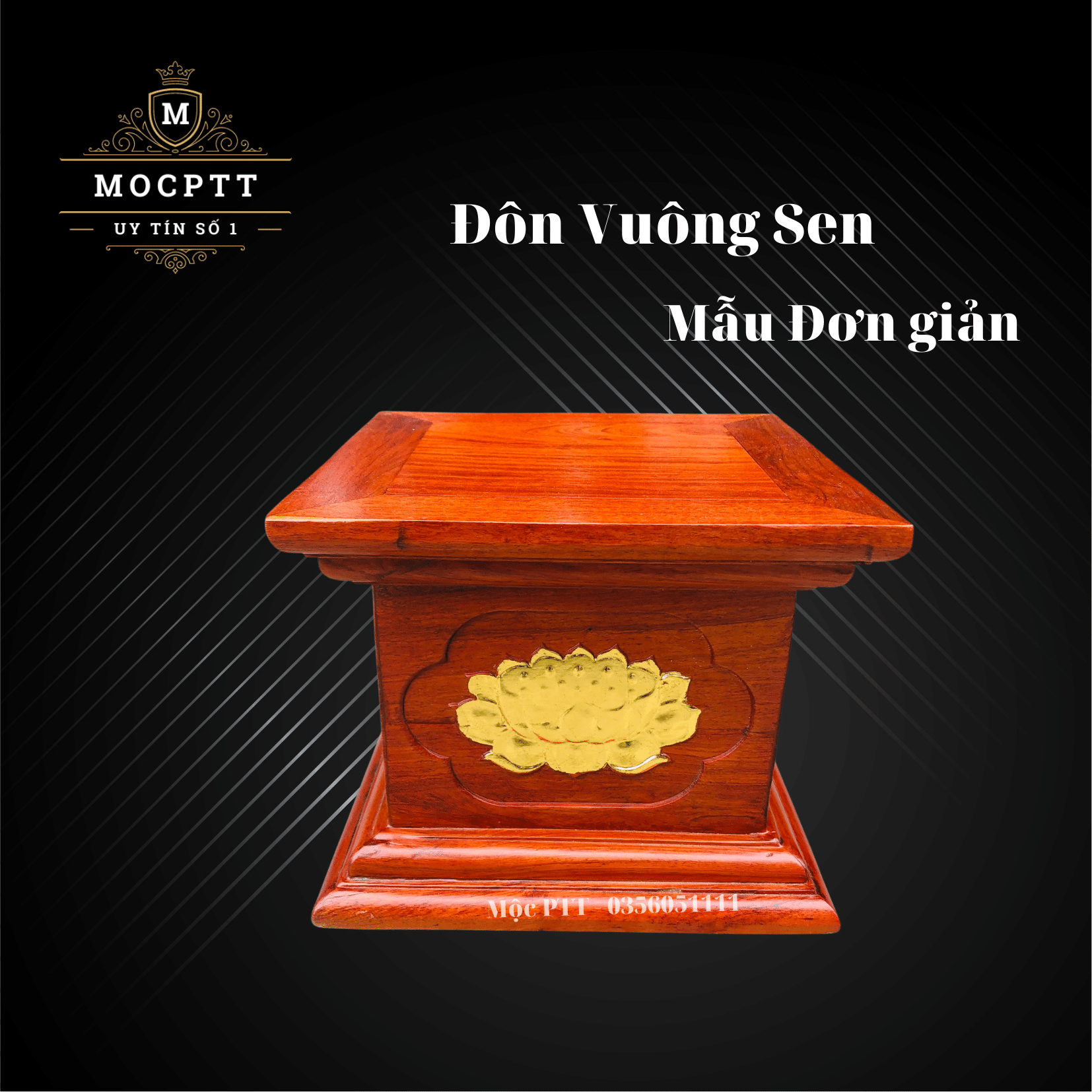 Đôn vuông triện Sen mẫu đơn giản gỗ Hương đá kích thước Mặt 20 25 30 35 cm cao 20 cm trang trí nhà cửa