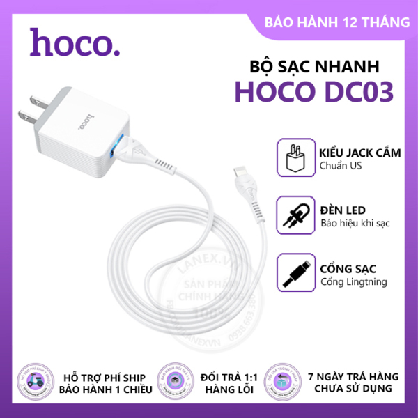 Bộ sạc nhanh Hoco DC03 Max 1 cổng USB 3.0A, đèn led, dài 1m, cáp Lightning, tương thích thiết bị Apple