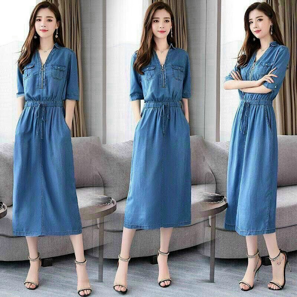 [Hcm] V-Necklace Jean Dress with Zipper