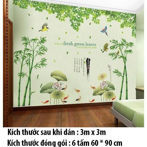 Sticker Tranh Dán Tường, Decal dán tường kết hợp Lá xanh - Bụi Tre và  Sen AM9104+0779C+XY1097AB