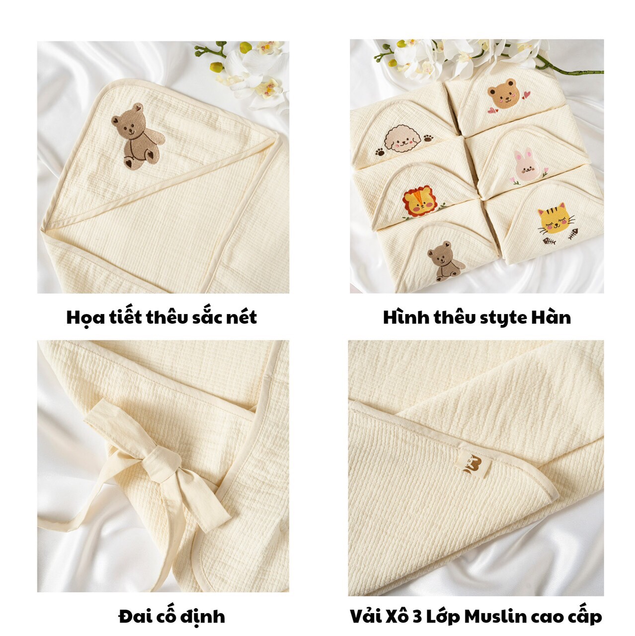 Ủ Xô Muslin Joonee 3 Lớp Kèm Dây Đai Cao Cấp Cho Bé Sơ Sinh