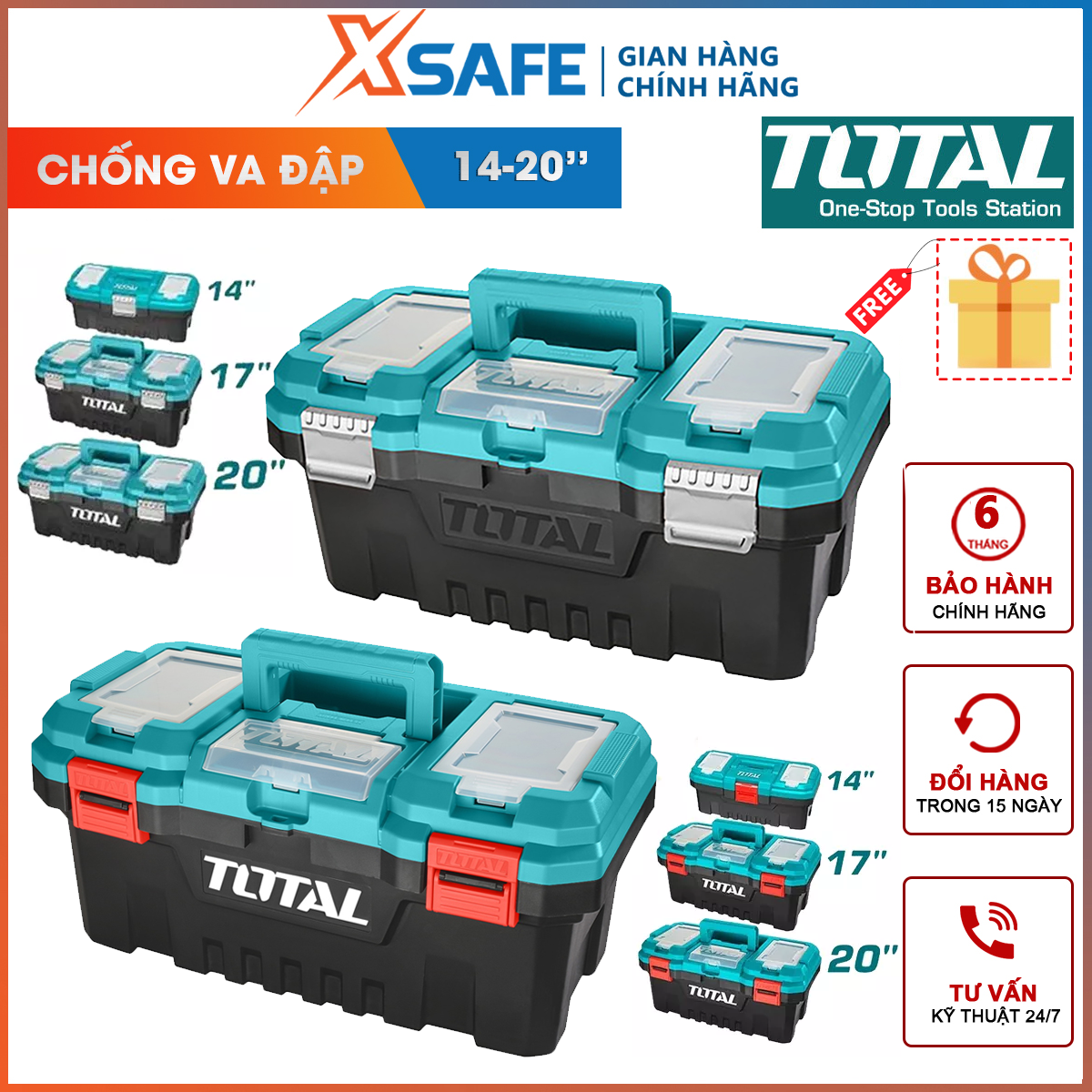 Multi-size 14-20 inch drop resistance crash-resistant tool barrel 1 main compartment, 6 additional compartments, drill tool box
