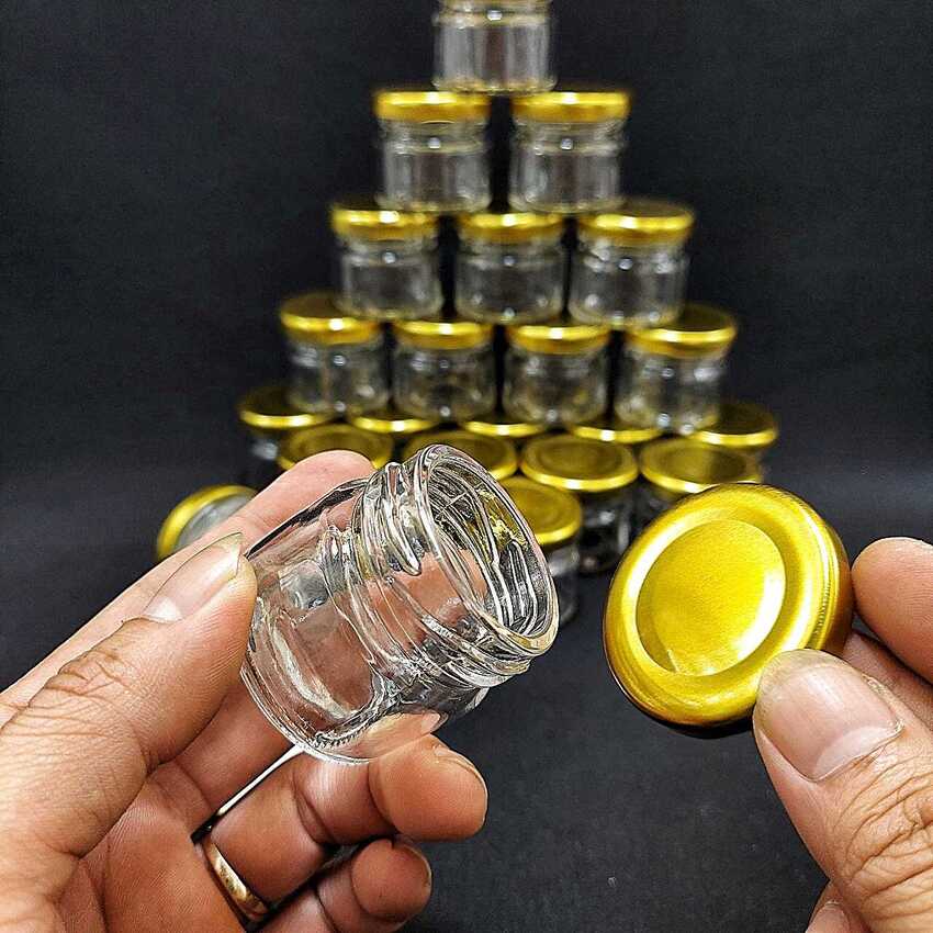 Hũ Thủy Tinh Nhỏ 30ML (combo 30 cái) mẫu trụ tròn nắp thiếc vàng – Lọ Thủy Tinh Mini đựng mật ong, thực phẩm, mỹ phẩm