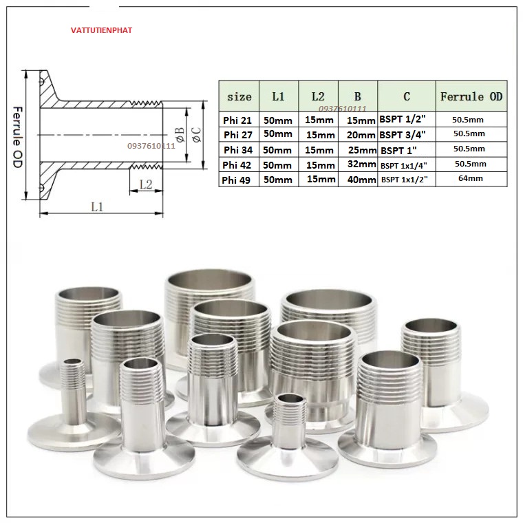 Bộ clamp ren ngoài inox 304 phi 21/27/34/42/49