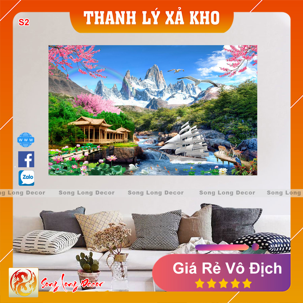 Tranh dán tường 3d Sơn Thủy Hữu Tình - Tranh 3D Phong Thủy- Giấy dán tường 3d - Song Long Decor - S2